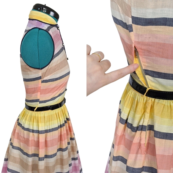 1950s Rainbow Dress 50s Vintage Fit N Flare Summer Tea Retro XS Rhinestone RARE - Picture 8 of 11